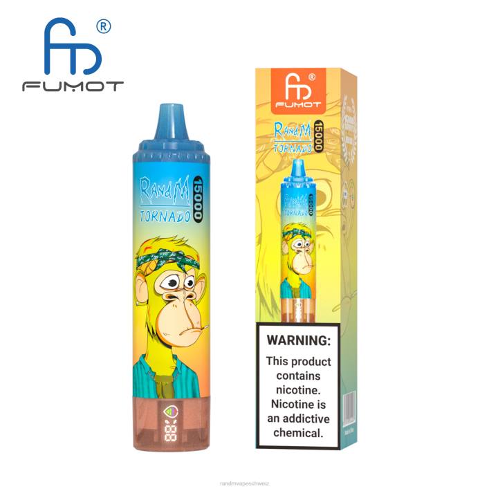 RandM Tornado Schweiz | Fumot RandM Tornado 00P253 15000 Vape-Gerät mit Akku und E-Liquid-Display Version 3 Mango auf Eis